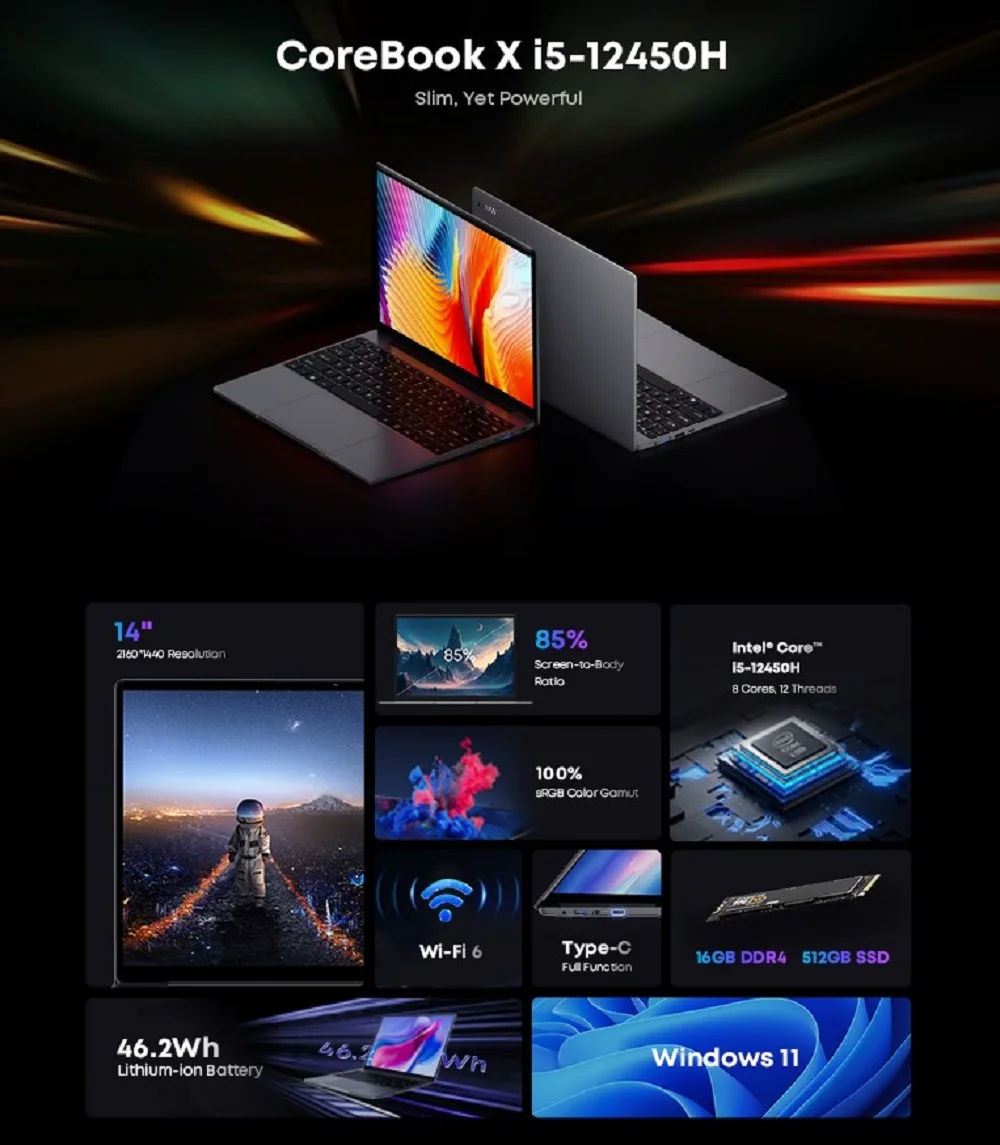 CHUWI CoreBook X Gaming Laptop 14 inch FHD Screen i5-12450H 8Cores 16GB RAM 512GB SSD WIFI 6 Windows 11 Gaming NoteBook PC 2024 2