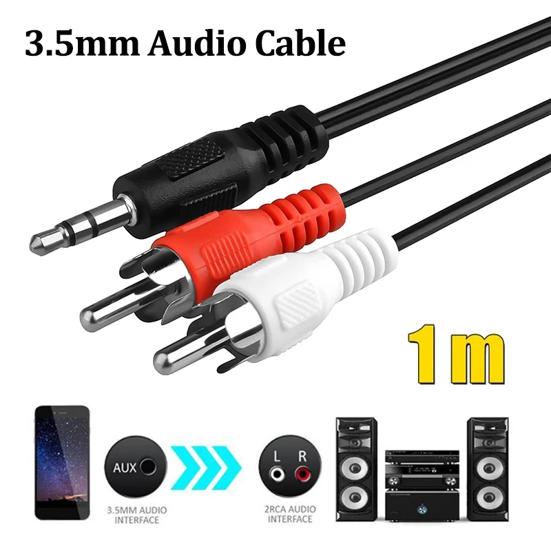 

1M 3.5mm Plug Jack Connector To 2 RCA Male Music Stereo Adapter Cable Audio AUX Line for Phones DVD TV VCR Video Sound Speakers