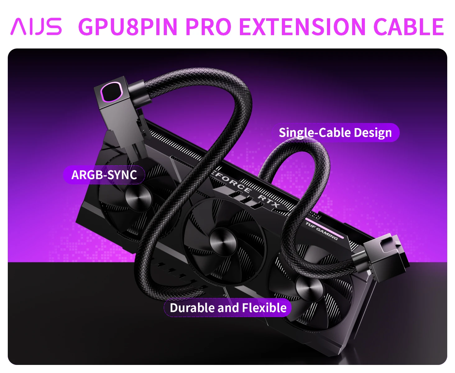 AIJS GPU 8핀 연장 케이블, 그래픽 카드 연장 케이블 ARGB(5V 3핀 포함),18AWG 90 ° 직각 디자인, 남성-여성 케이블