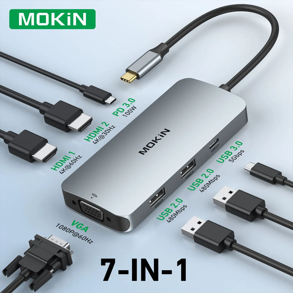MOKiN 맥 윈도우 노트북 PC용 USB C 허브, USB-C 멀티 허브, 듀얼 4K HDMI, 5Gbps USB-C, 3.0 PD 100W, 7-in-1 멀티 포트 허브 어댑터 