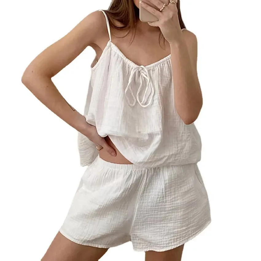 2024 New Women's European And American Style Sexy Suspender Vest Shorts Set Double-layer Gauze Home Clothing