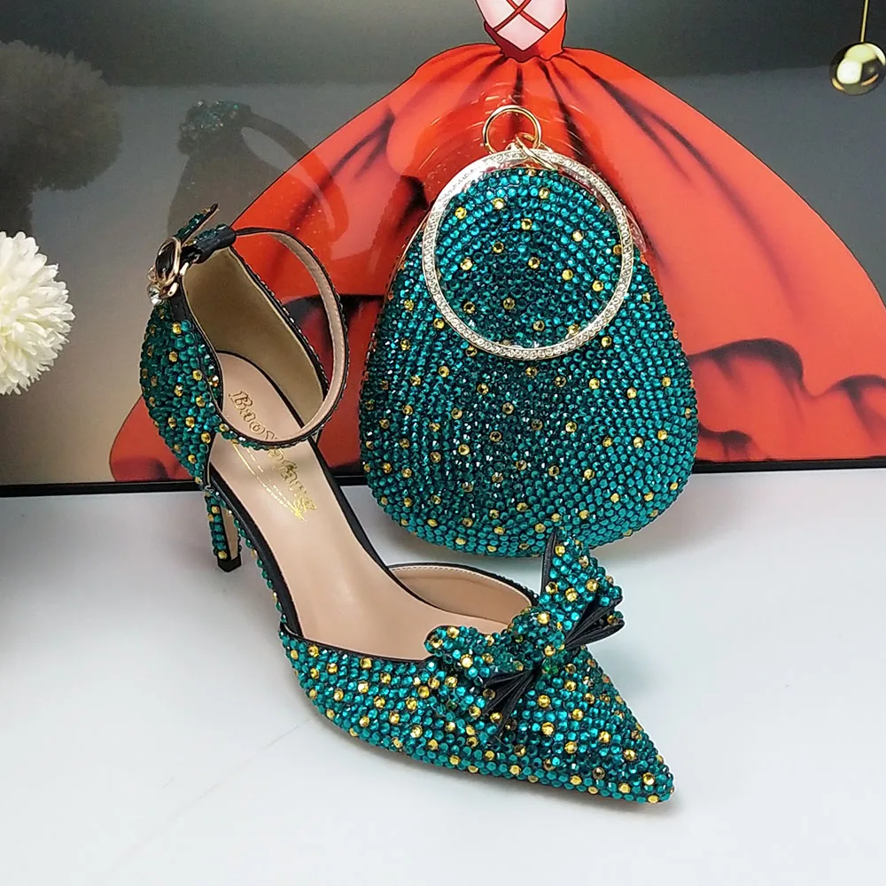 BS1515 Customizable Various Heel Women Bridal wedding Shoes Teal Blue  Crystal Pointed toe Shoes with Matching Bags Set - AliExpress