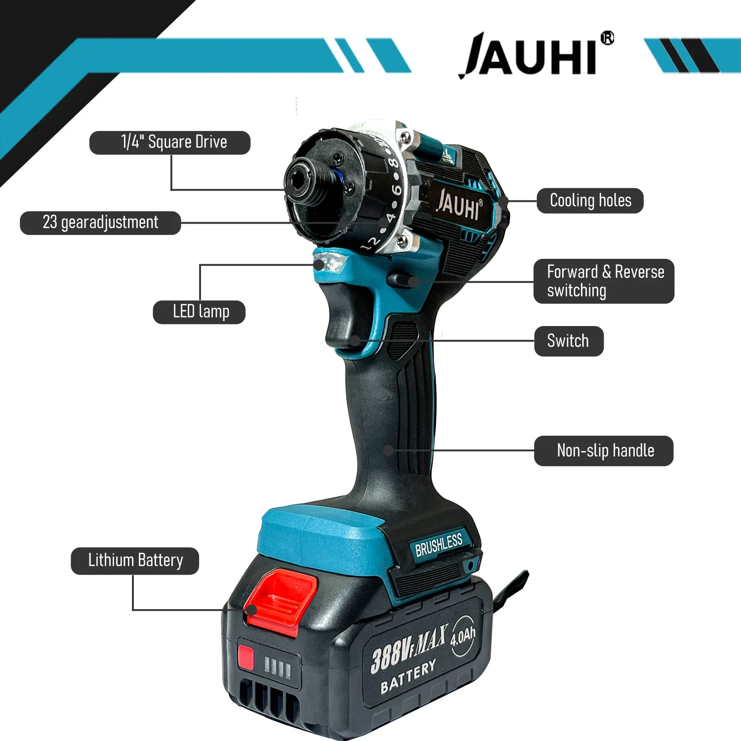 JAUHI 충전식 전기 브러시리스 무선 스크루 드라이버, 280N.m 토크, 20 + 1 기어, Makita 18v 리튬 배터리 전동 공구
