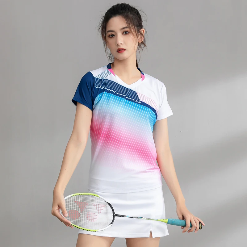 

Women Badminton Shirt V Neck Quality Running Top Sport Quick Dry Female Table Tennis T Training Exericises Short Sleeves