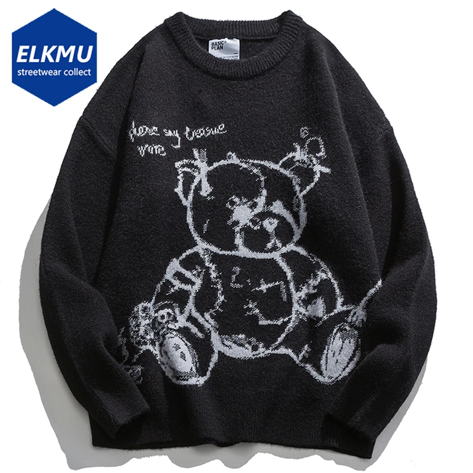 

Bear Printed Men Sweater 2023 Streetwear Loose Black Knitted Pullover Sweater Harajuku Oversized Hip Hop Sweater Casual Jumper