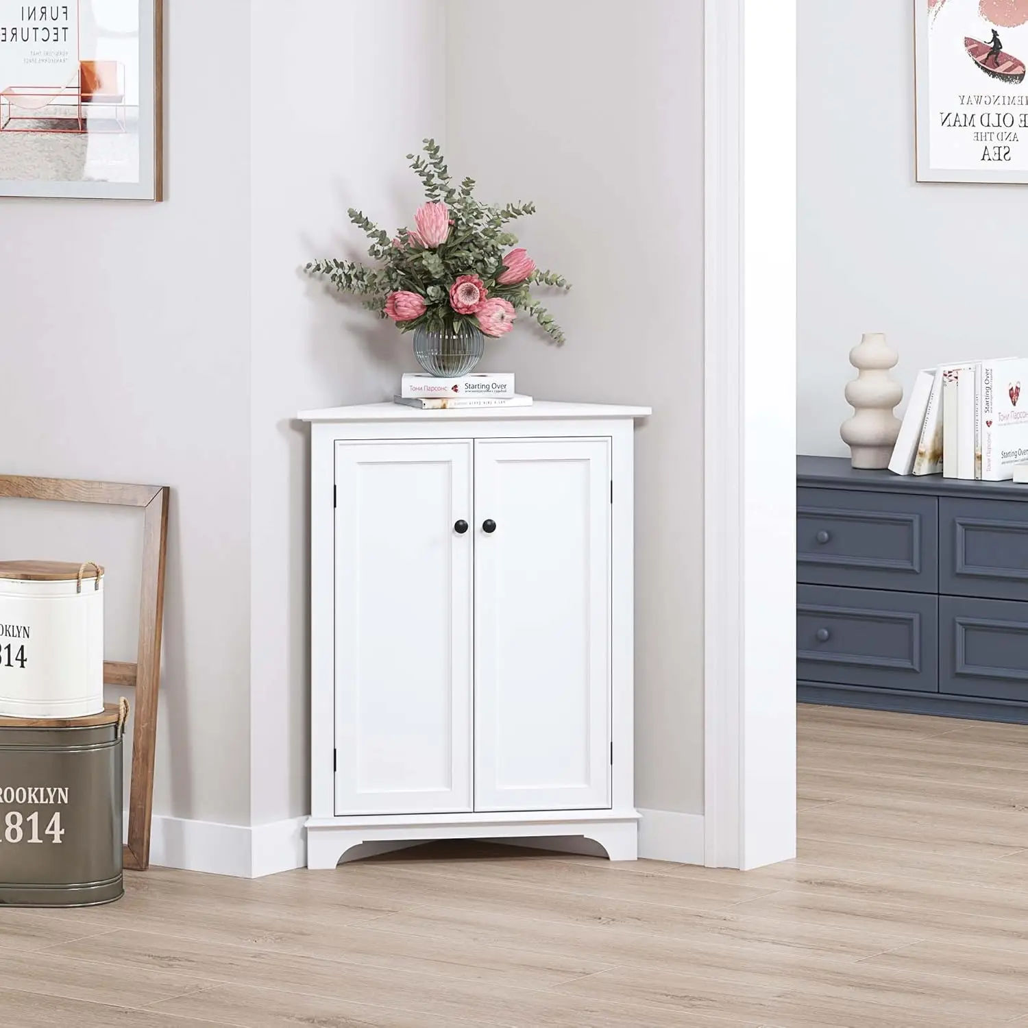Floor Corner Cabinet with Doors and Shelves, Freestanding Bathroom Corner Storage Cabinet for Bathroom, Living Room, White