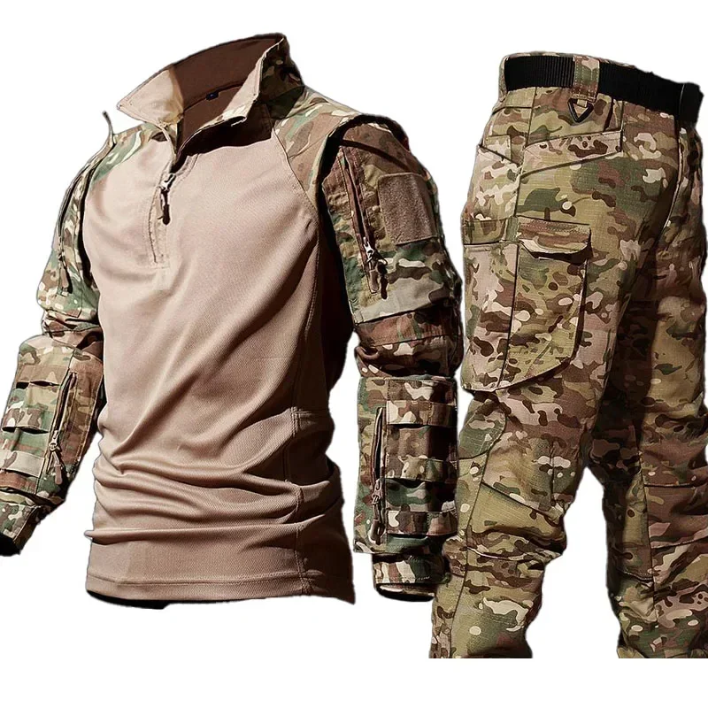 New Tactical Shirts Tactical Sets Men Outdoor Breathable Short Sleeve Tshirt+Waterproof Pant Suits Camo Multi-pocket Cargo Set 2