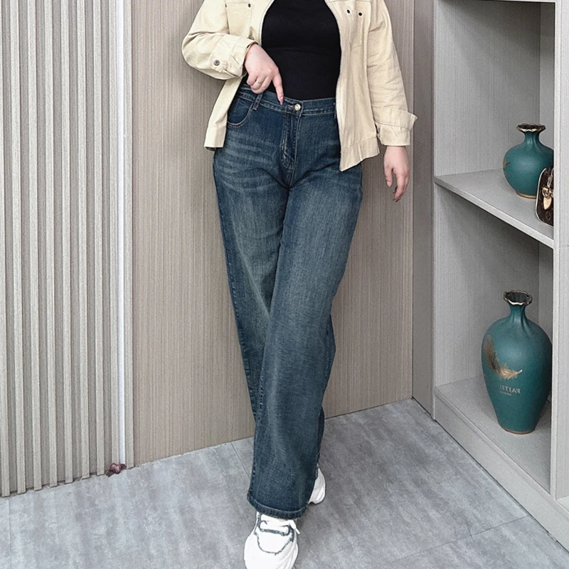 Women's High Waist Straight Jeans, Female Loose Stretched Denim, Casual Wide Leg Pants, Plus Size, Spring, Autumn, New