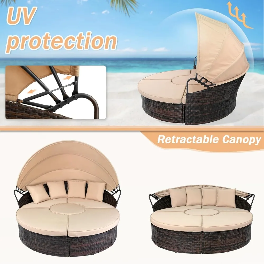 Patio Furniture Outdoor Round Daybed with Retractable Canopy Wicker Rattan Separated Seating Sectional Sofa for Patio Lawn 3