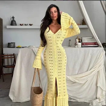 Women's Beach Cape Solid Long Swimwear Cover Up Tunic 2026 Knitted Cardigan Dress With Cutouted Flared Sleeves V-neck Summer 1