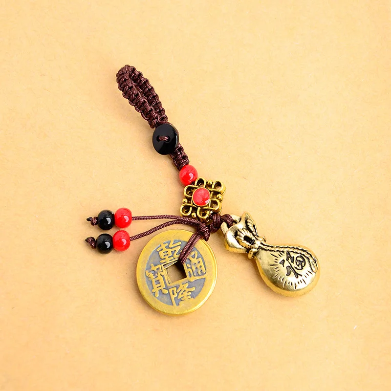 Handmade Rope Lucky Feng Shui Hanging Vintage Brass Money Bag Keychain Pendant Jewelry Ancient Five Emperors Coins Car Key Chain key chains,key rings,anime keychain,phone keychain,metal keychain,retractable keychain,balloon dog keychains,key chain accessories,car pendant key chain,game keychain