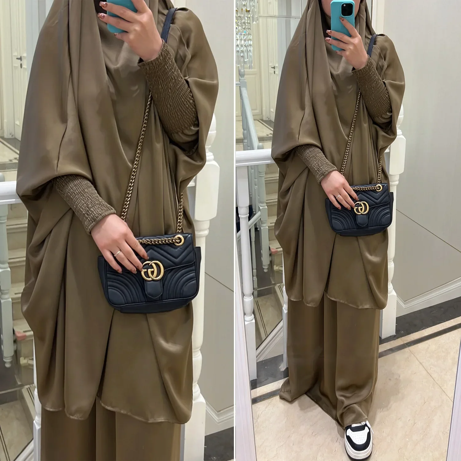 Satin Khimar Abaya Set for Women Jilbab 2 Piece Islamic Abayas with Skirt Ramadan Eid Muslim Prayer Clothes Dubai Turkey Niqab