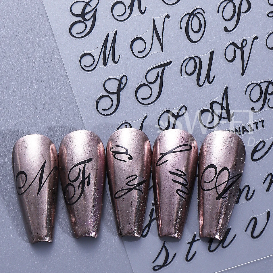 4pcs Gothic Letter Nail Sticker Y2K Cool Design Black Gold Red Blue English Alphabet Adhesive Nail Decal DIY Manicure Decoration