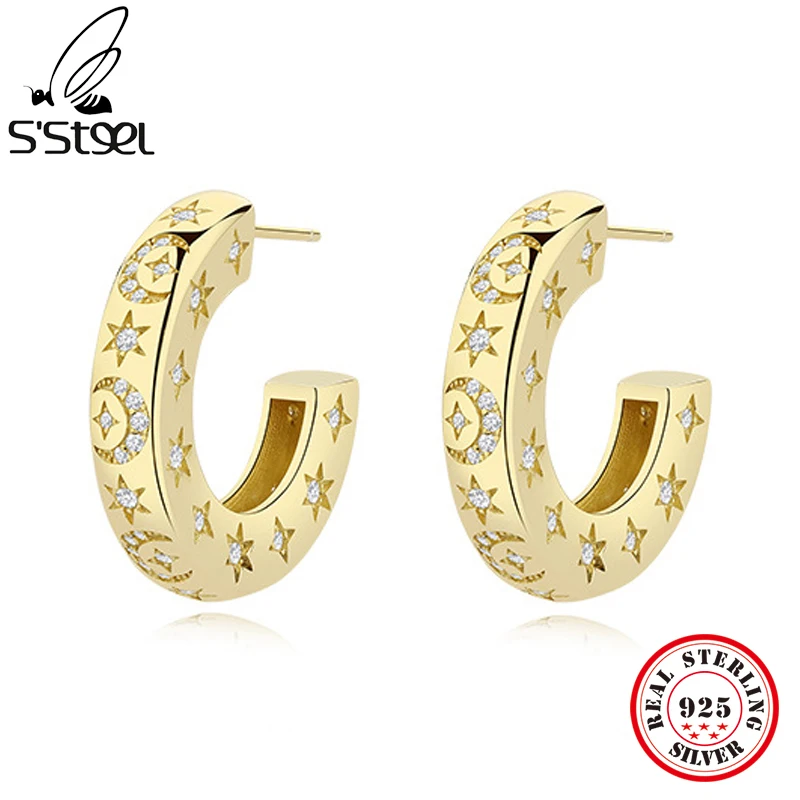 

S'STEEL 925 Sterling Silver Moon Designer Hypoallergenic Cubic Zirconia Stud Elegant Handmade Earrings For Women Trendy Jewelry