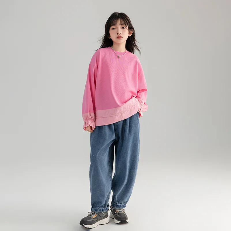 

Korean Spring Autumn School Girl Sport Shirt Teenager Girl Patchwork O-neck Top Children Girl Long Sleeve Casual Sport Shirts