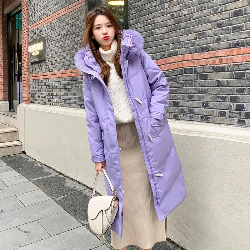 2023 New Women Down Jacket Winter Coat Female Mid Length Version Parkas Loose Thick Warm Outwear Hooded Real Fur Collar Overcoat