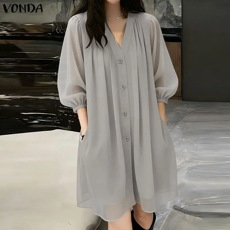VONDA Summer Women Dress Half Sleeve See-through Summer Female Dresses Fashion Solid V Neck Vestidos OL Work Party Streetwear 3