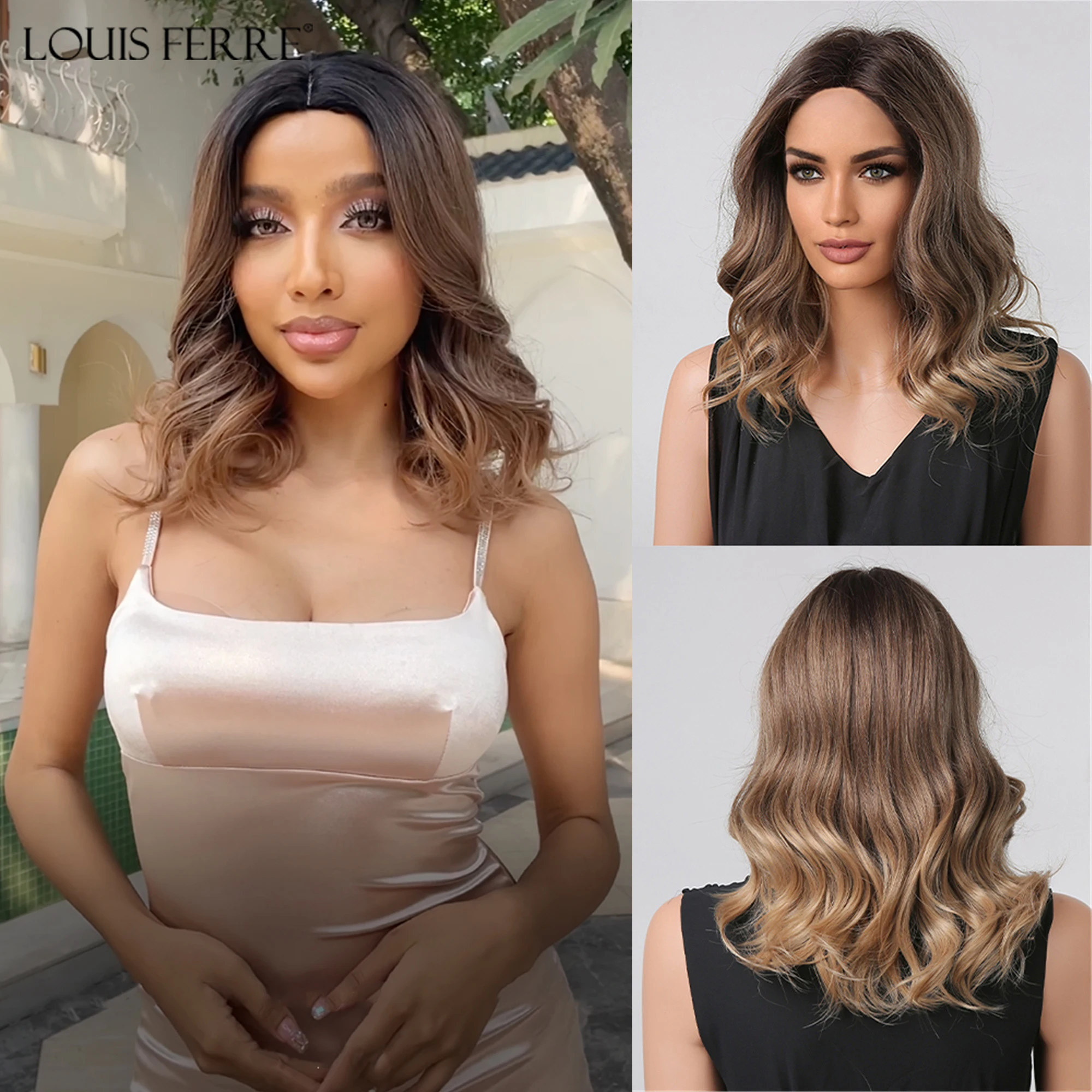 Louis Ferre Lunghezza Della Spalla Parrucche Sintetiche Marrone Miele Parrucca Onda Soffice Marrone Dorato Naturale Per Le Donne Uso Quotidiano Ad Alt