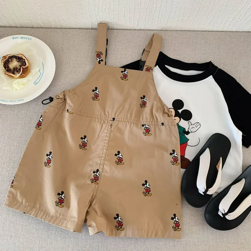 New Kids Suspenders Shorts+Tees Suit Child Jumpsuit Overalls Summer Fashion Baby Boys Girls Pants Cartoon Mickey Print Trousers