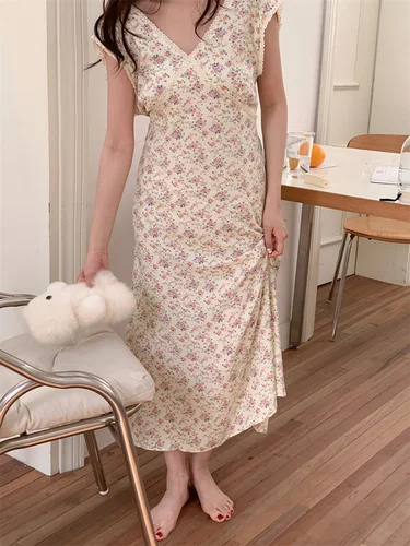 여성용 레이스 루즈핏 민소매 브이넥 잠옷, 여름 프린트 꽃, 한국 스타일, 패셔너블한 캐주얼 수면 상의, 인스타 감성 패션 4