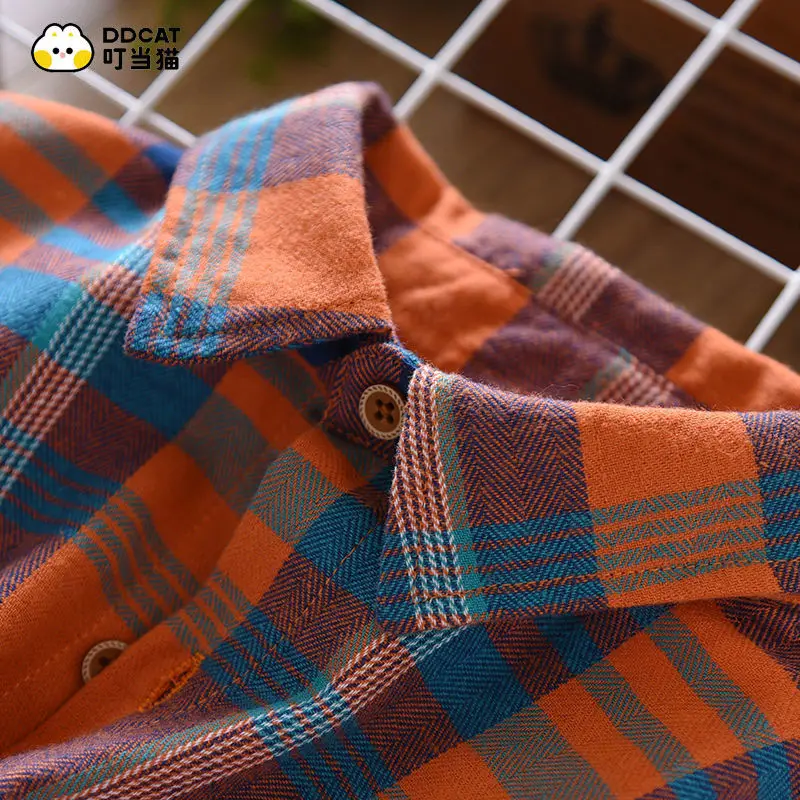 Boys' Shirt Autumn and Winter Cotton Handsome Coat Middle Children's Plaid Long Sleeve Plush Spring and Autumn Shirt