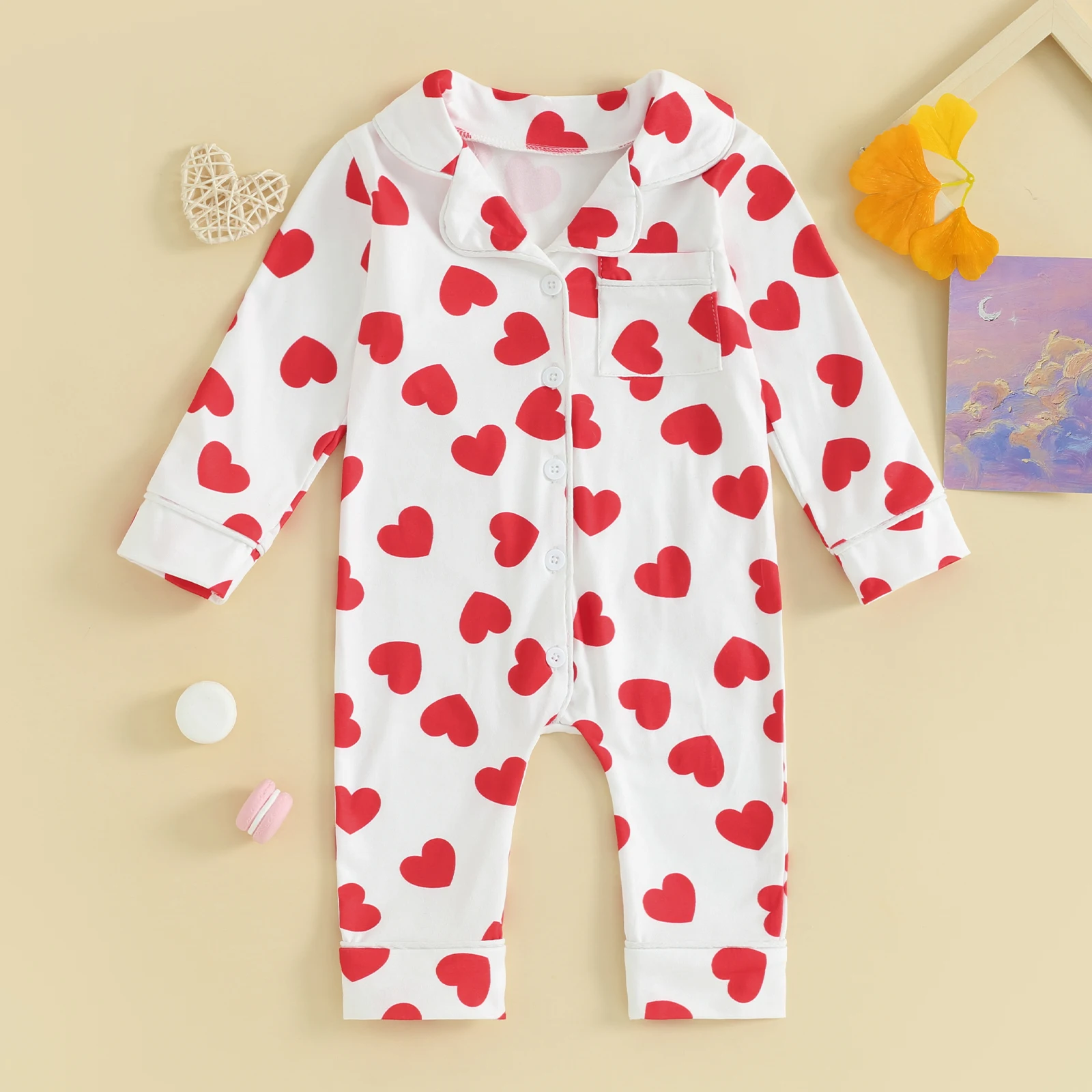 FOCUSNORM 0-24M Lovely Baby Boys Girls Pajamas Jumpsuits Long Sleeve Lapel Collar Heart Print Button Up Rompers