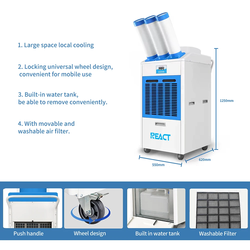 React Portable Air Conditioner Cooler 25000btu/H Commercial R32/R290 Standing Spot Cooler Air Condition for Tent