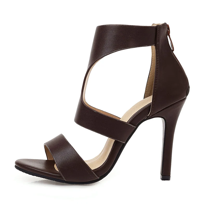 

Summer Stilettos Heels Hollow Out Back Zipper Sandals Fashion Brown Retro Office Lady Women's Shoes Big Size 43 44 45 New 2023