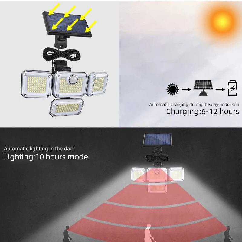 333LED 야외 태양광 조명, IP65 방수 실내 태양광 정원 램프, 헤드 조정 가능, 넓은 조명 각도, 3 가지 모드, 슈퍼 브라이트
