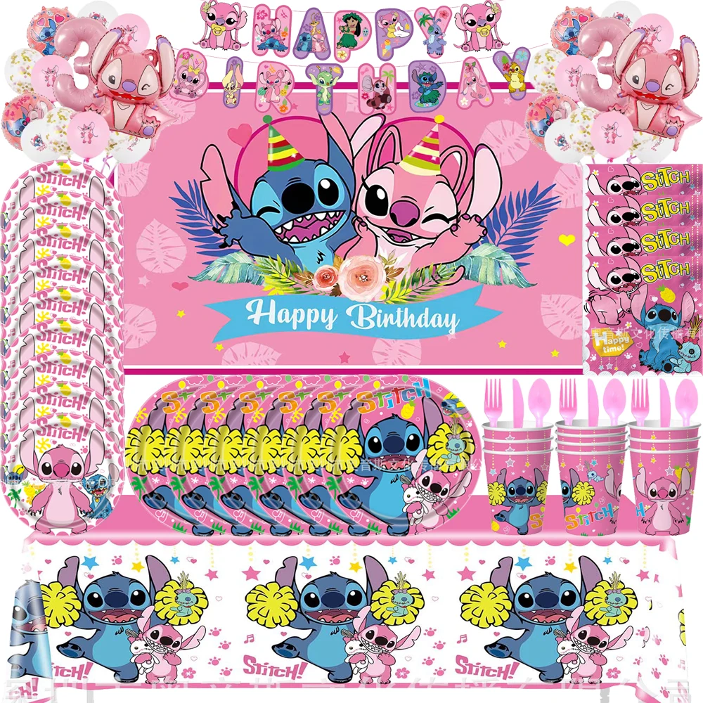 

New Pink Stitch Girl Birthday Party Disposable Tableware Paper Plate Cup Number Balloon For Kids Baby Shower Decoration Supplies