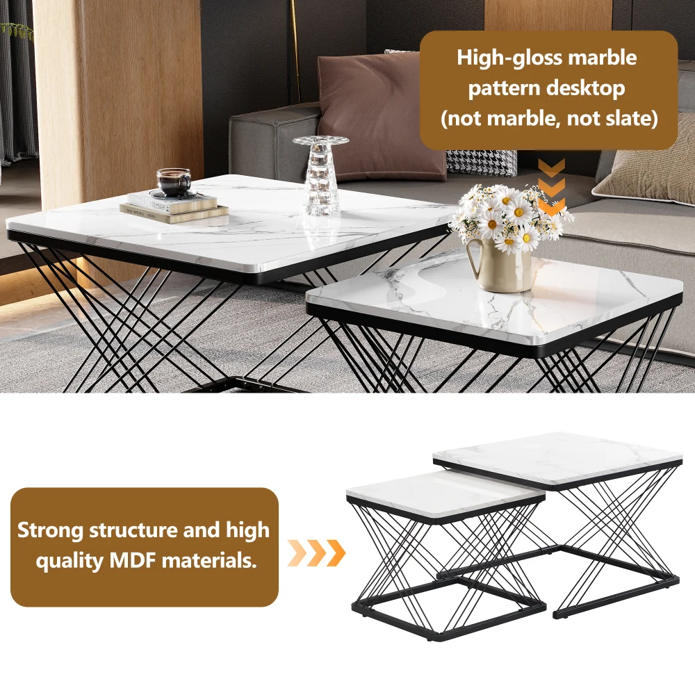 2-teiliges Couchtisch-Set, quadratische Tische in 60 x 60 x 45 cm und 45 x 45 x 40 cm, hochglänzende Marmoroptik, höhenverstellbare Füße, bis zu 30 kg – Detail 22