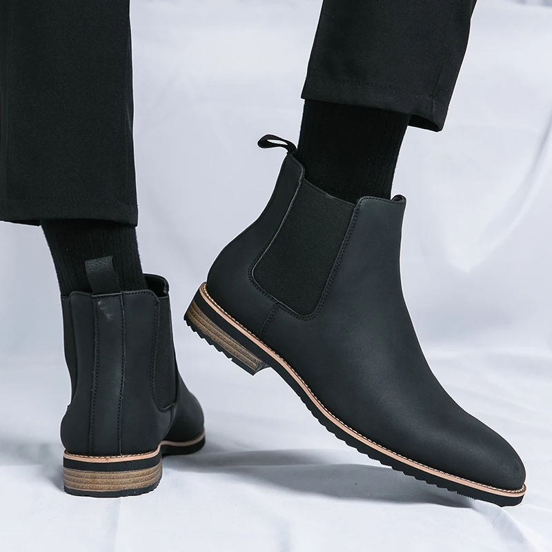 Street Style Men's Pointed Brown Black Chelsea Ankle Boots British Designer Botas Trend Casual Luxury High-tops Punk Rock Shoes