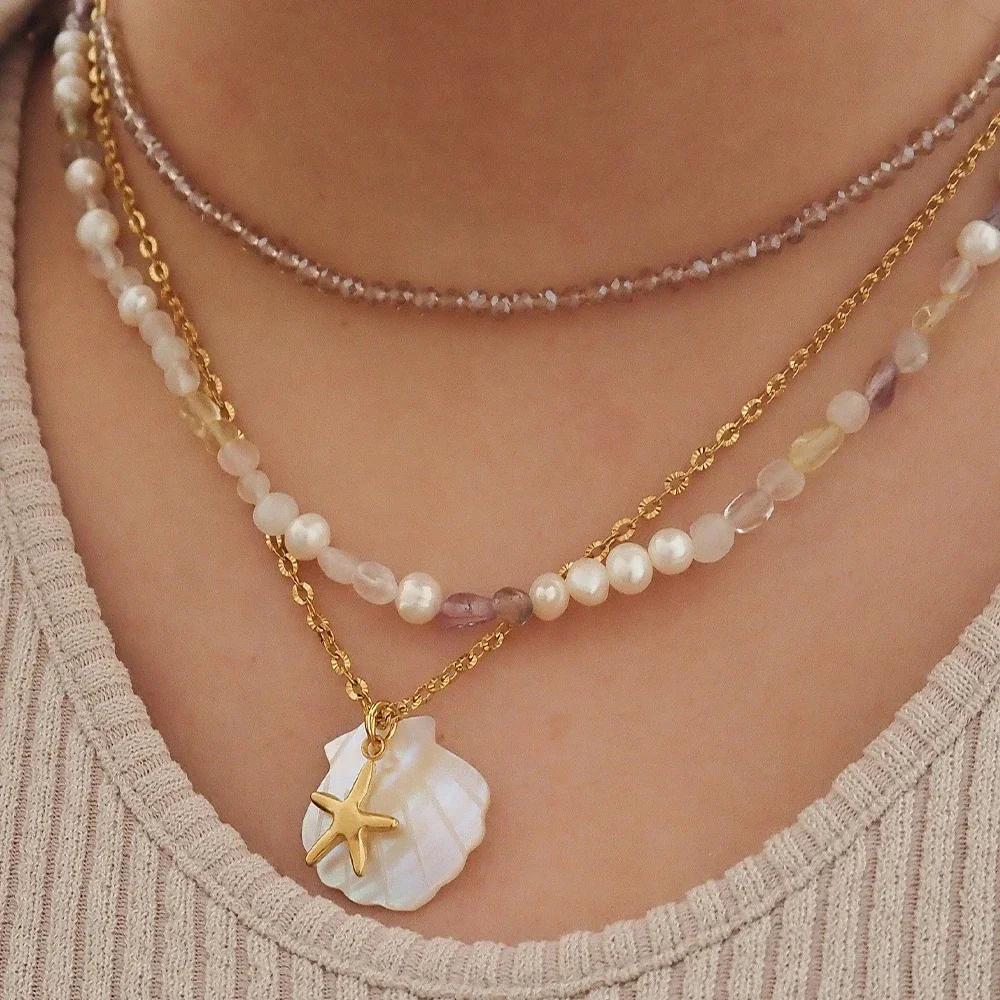Boho Big White Shell Pendant Neckalce Gold Color Conch Sea Turtle Star Stainless Steel Choker Waterproof Beach Summer Jewelry