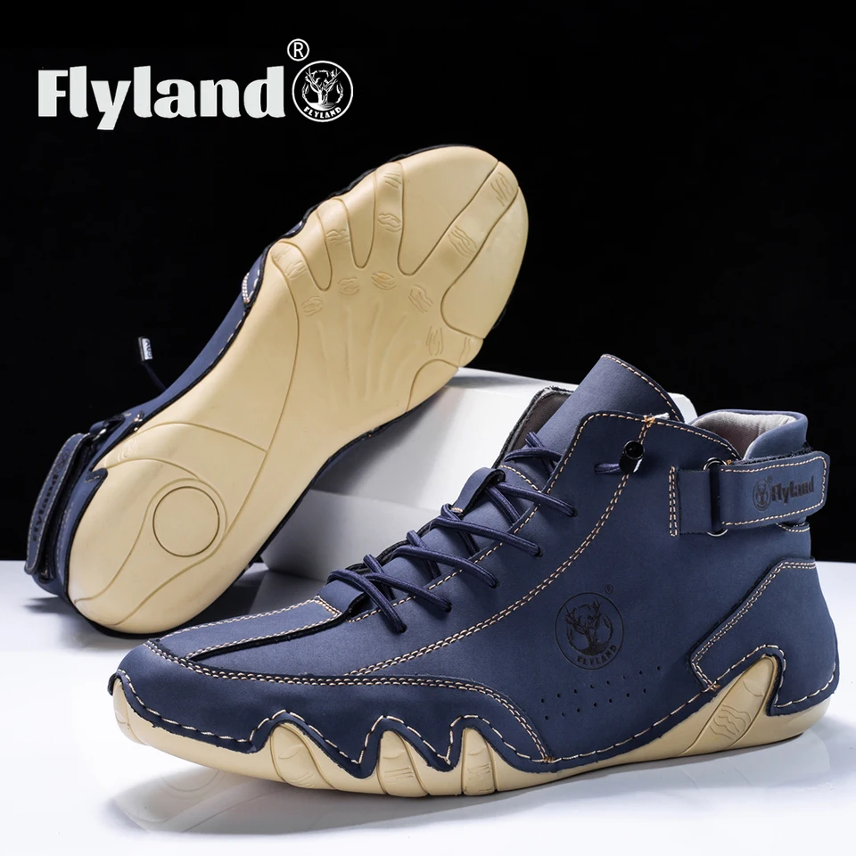 FLYLAND 남성 패션 빈티지 핸드 스티칭 소프트 비즈니스 캐주얼 가죽 앵클 부츠, 수제 신발