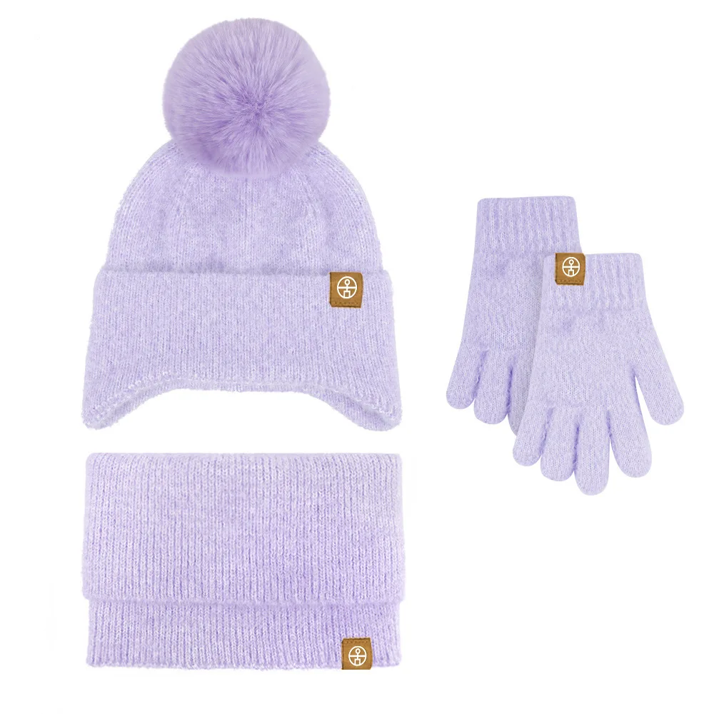 New Winter Children's Hat Neck Warmer Gloves 3pcs Set Winter Infant Knitted Wool Ball Ear Protection Hat Neck Glove 3-piece Set