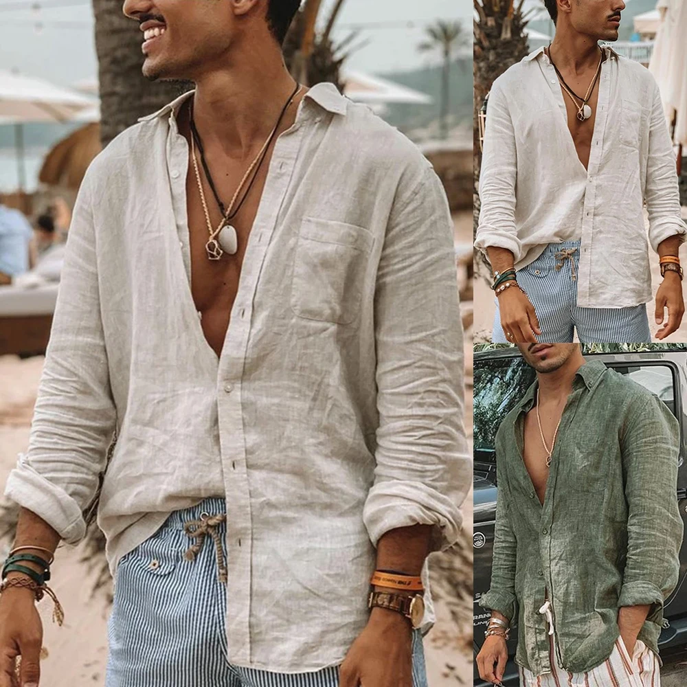 New Helisopus Men's Casual Blouse Cotton Linen Shirt Loose Tops Long Sleeve Tee Shirt Spring Autumn Leisure Handsome Male Shirt