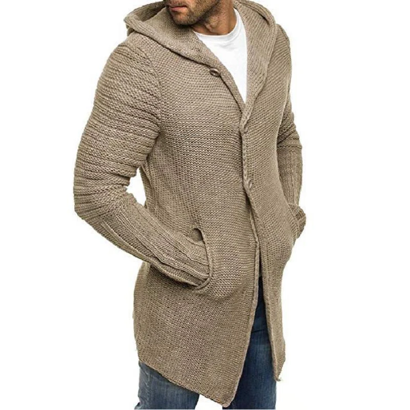 Vintage Solid Knitted Overcoats Men Fashion Button-up Long Sweater Coats Mens Clothes Winter Warm Knit Hooded Cardigans Jackets