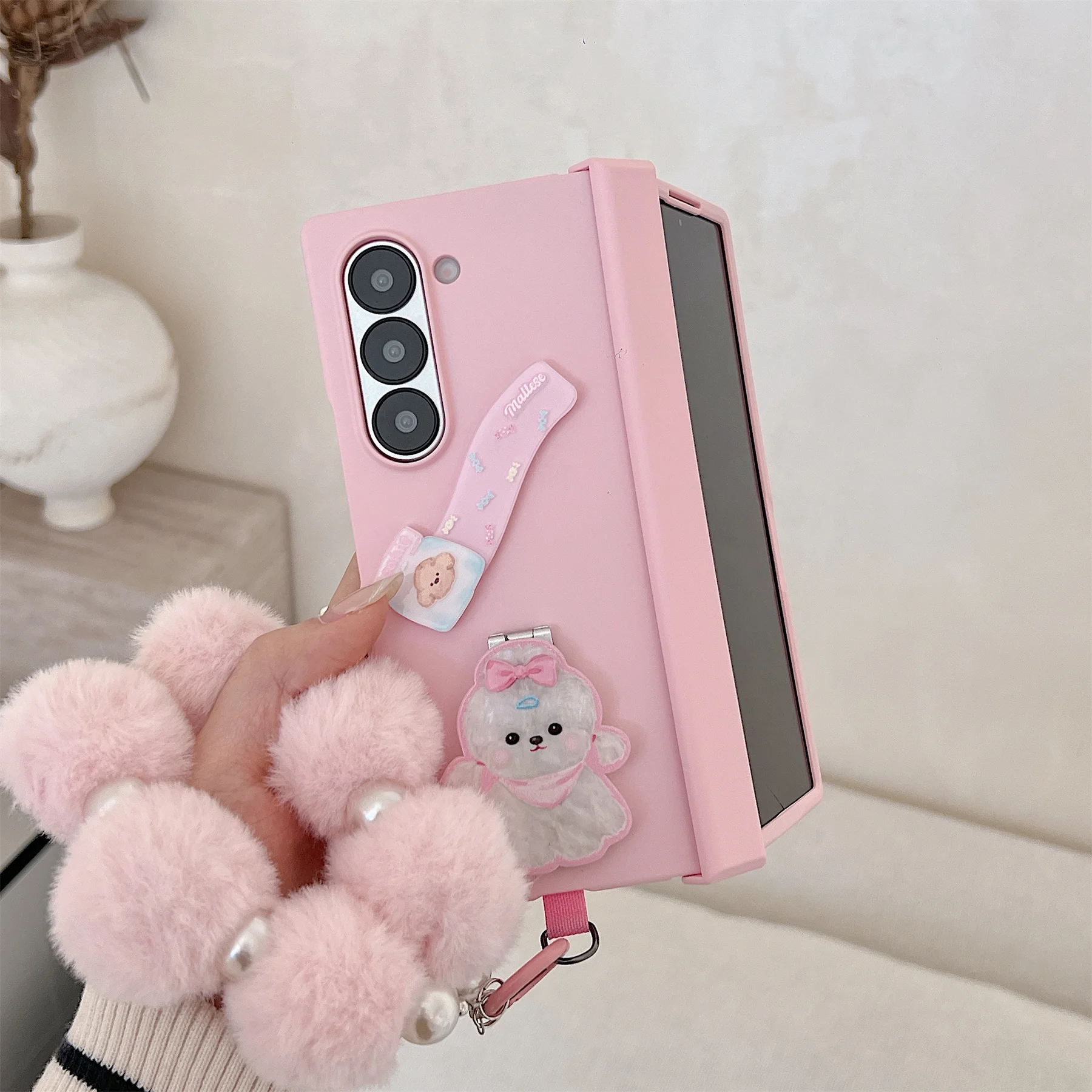 Chic Pink Case with Bow, Puppy Bracket, Hairball, and Pearl Bracelet