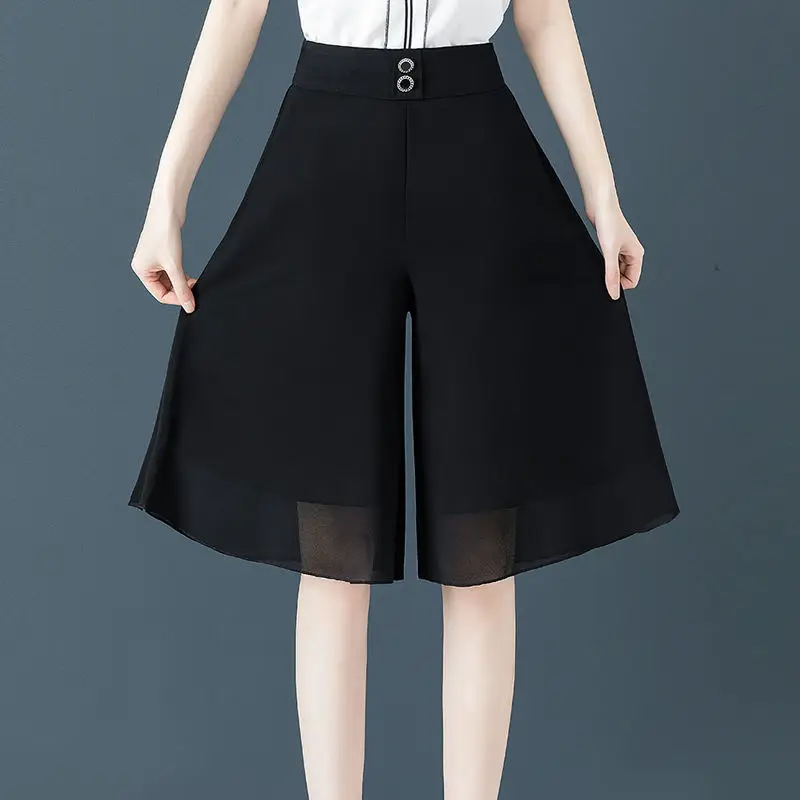 

Summer Versatile Chiffon Wide Leg Knee Length Shorts Women's Solid Elastic High Waist Pockets Button Fashion Loose Casual Pants