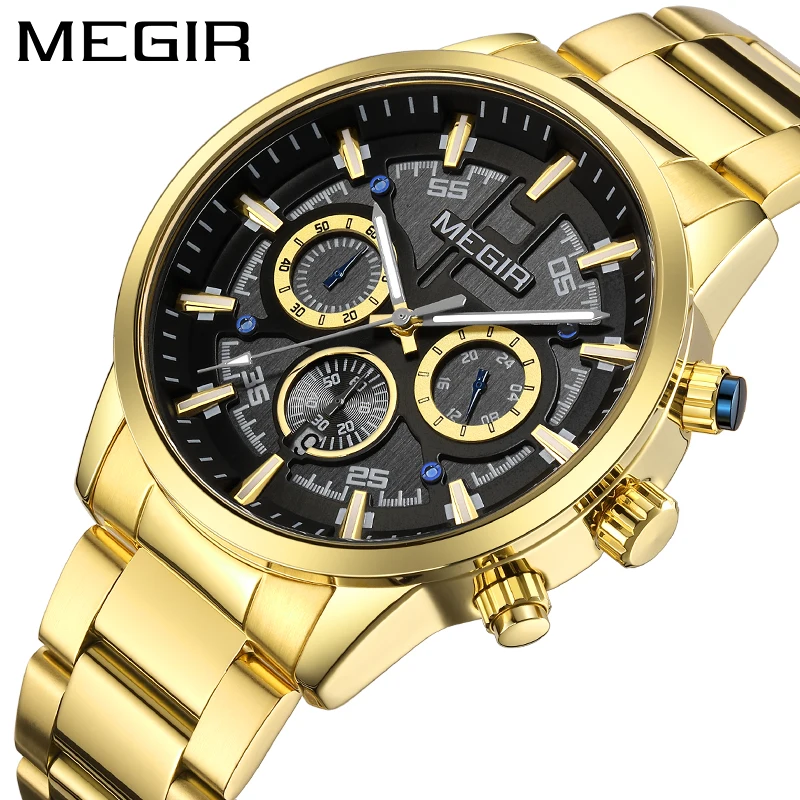 

MEGIR Men Multifunctional Quartz Watches 2023 Brand New Luxury Gold Strap Waterproof Men Watch Chronograph Watch Luminous Reloj