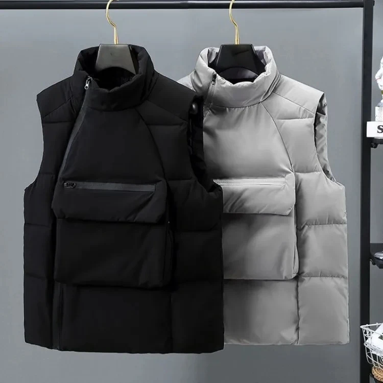 Round Neck Vest Men's Autumn Winter Cotton Thickened Thermal Vest Youth Fashion Side Zipper Sleeveless Coat Pullover Y2k