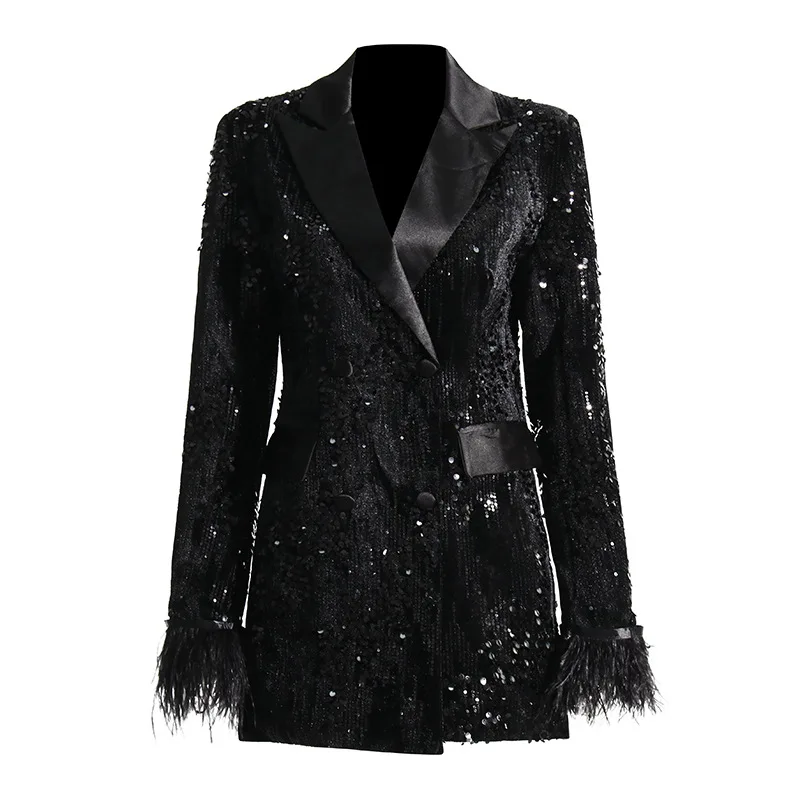 

NHKDSASA Sequins Black Blazer For Women Notched Collar Long Sleeve Patchwork Feathers Cuff Solid Blazers Female Clothing New