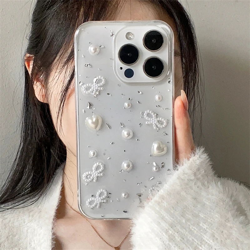 3D Pearl Bow Silver Foil Phone Case For iPhone 16 15 14 13