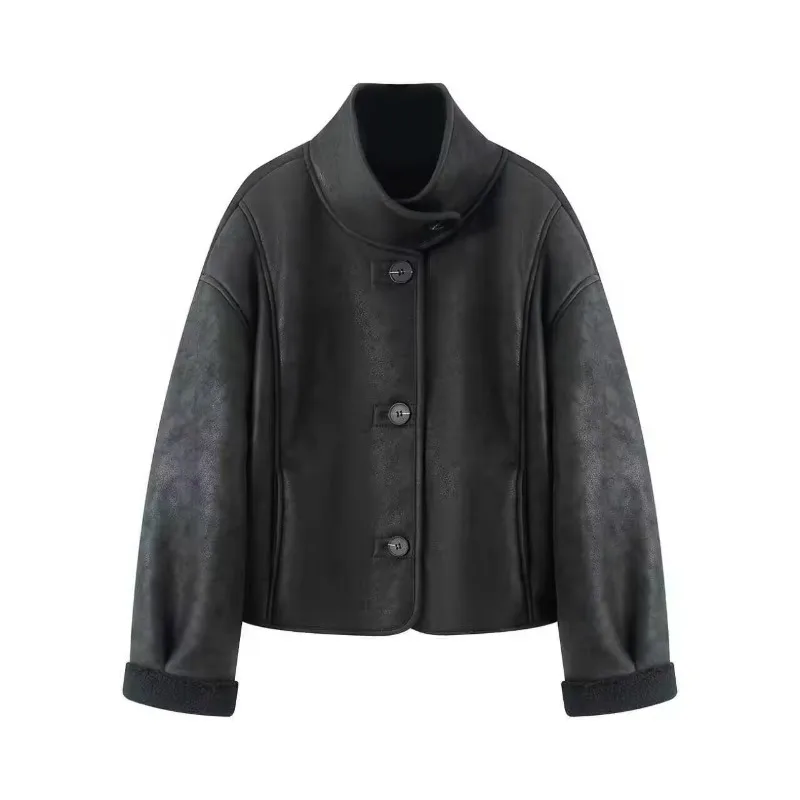 Veste D'Hiver En Peau Femme - Couleur Prune - Taille 38/M - Occasion Très Bon État