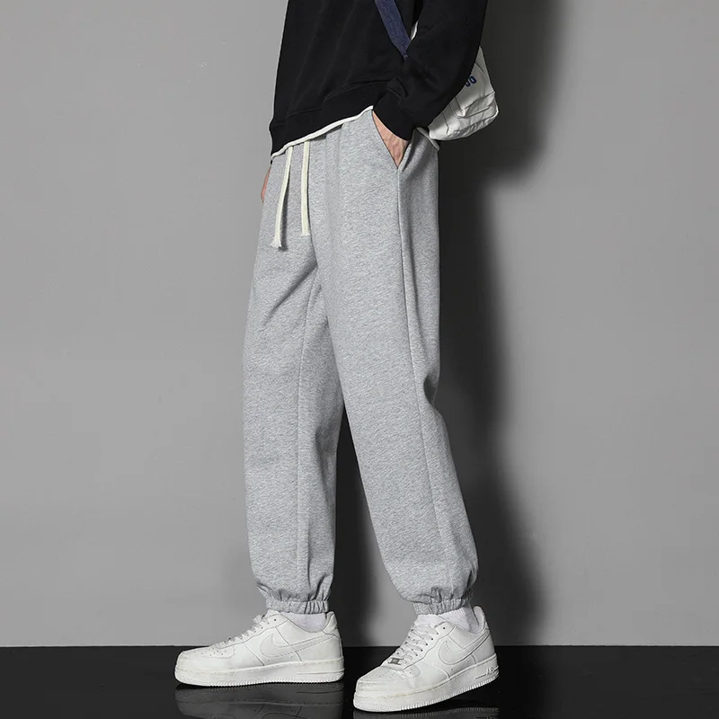 Spring Solid Color Fashion Elastic Waist Sweatpants Man High Street Casual Drawstring Pockets Thin Style Ankle Length Trousers
