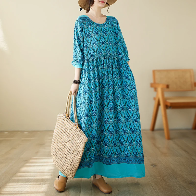 

New Spring Summer Long Sleeve Vintage Print Beach Dresses Women Korean Fashion Loose Casual Long Dress Robe Elegant Clothing