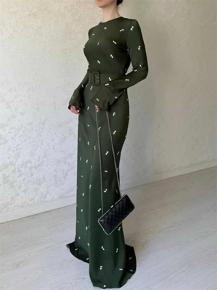 Fashion High Waist Long Dress Ladies Long Sleeve Slim Ruffled Patchwork Elegant Party Dress Printed Casual Maxi Dress 2025