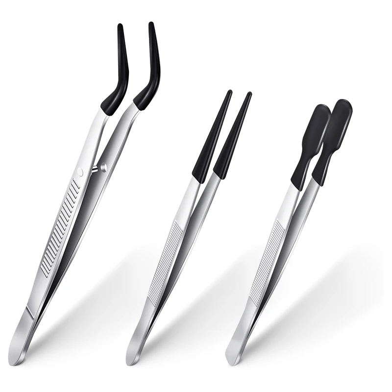 3 Pieces Tweezers With Rubber Tips Tweezers PVC Coated Tweezers Set, Rubber Straight And Flat Tip Tweezers