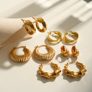 Vintage Stainless Steel Texture Chunky Hoop Earrings for Women Gold Plated Mini Circle Piercing Ear Buckle Statement Jewelry
