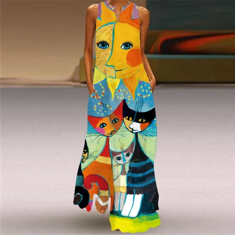 

Cartoon casual dresses print pattern V-neck pocket loose beach dress